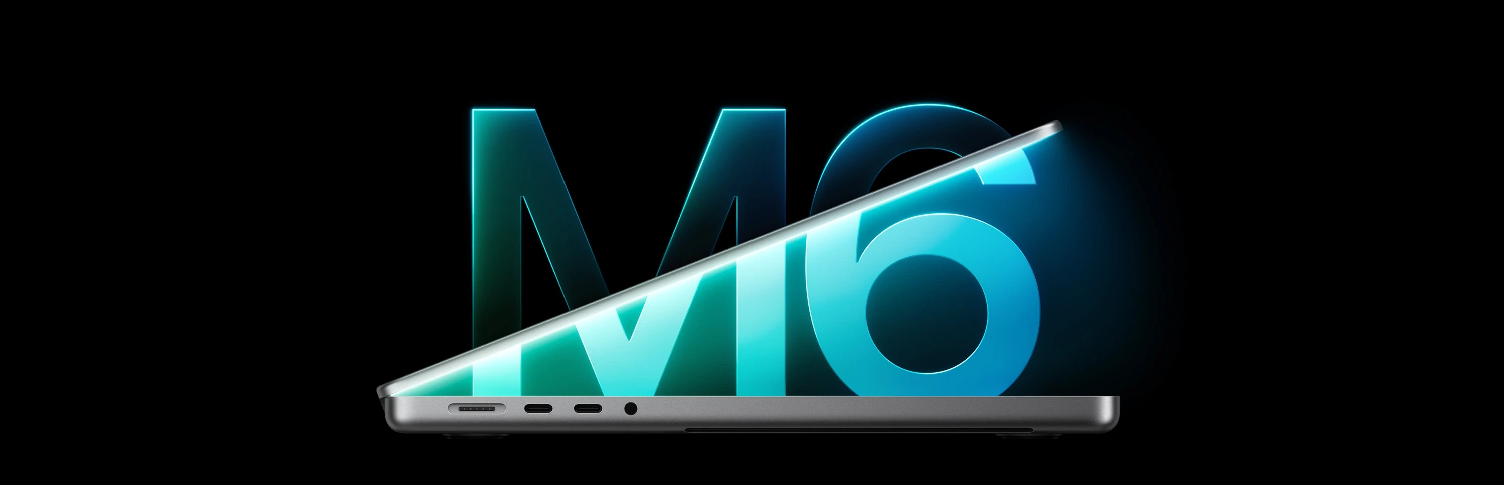 MacBook Pro avec la puce M6, écran qui s’ouvre devant un M6 lumineux