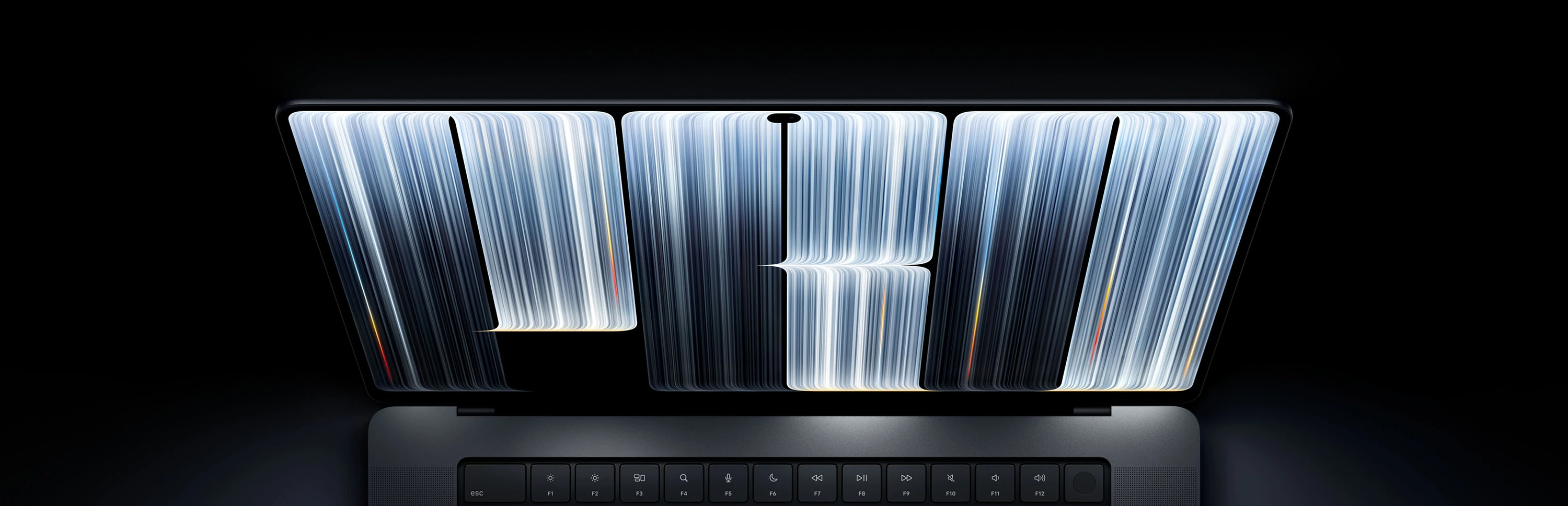 MacBook Pro avec écran PROLED XDR, dont l’écran épelle le mot Pro en rayures lumineuses